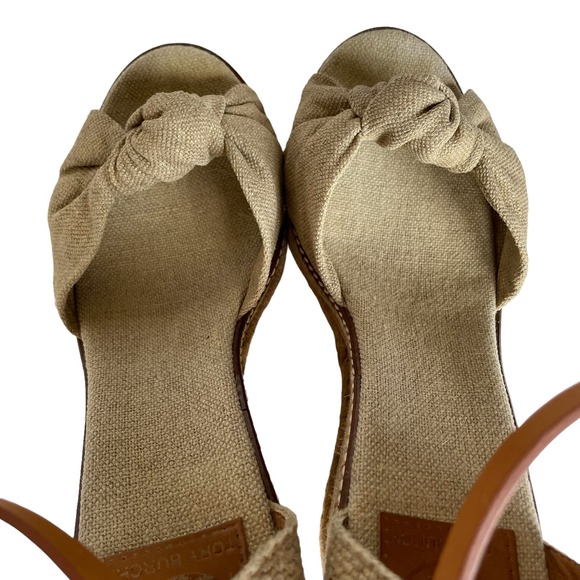 Tory Burch Macy Metallic Linen Peep Toe Knotted Band Espadrille Wedge Heel sz 10 - Picture 8 of 14
